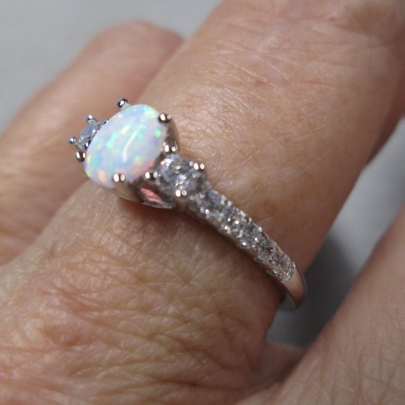 Dazzling Dainty 925 Sterling Silver OPAL Ring> Sparkling CZ's, Non Tarnish - Picture 6 of 7